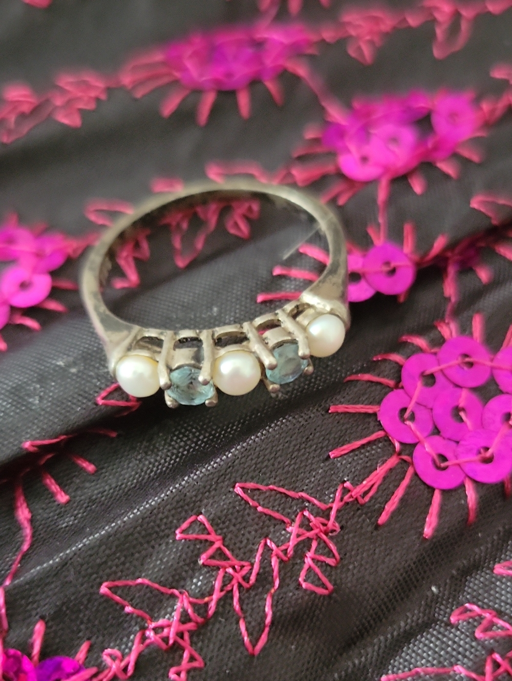 Vintage-Inspired Silver Pearl and Blue Gemstone Ring Size 11